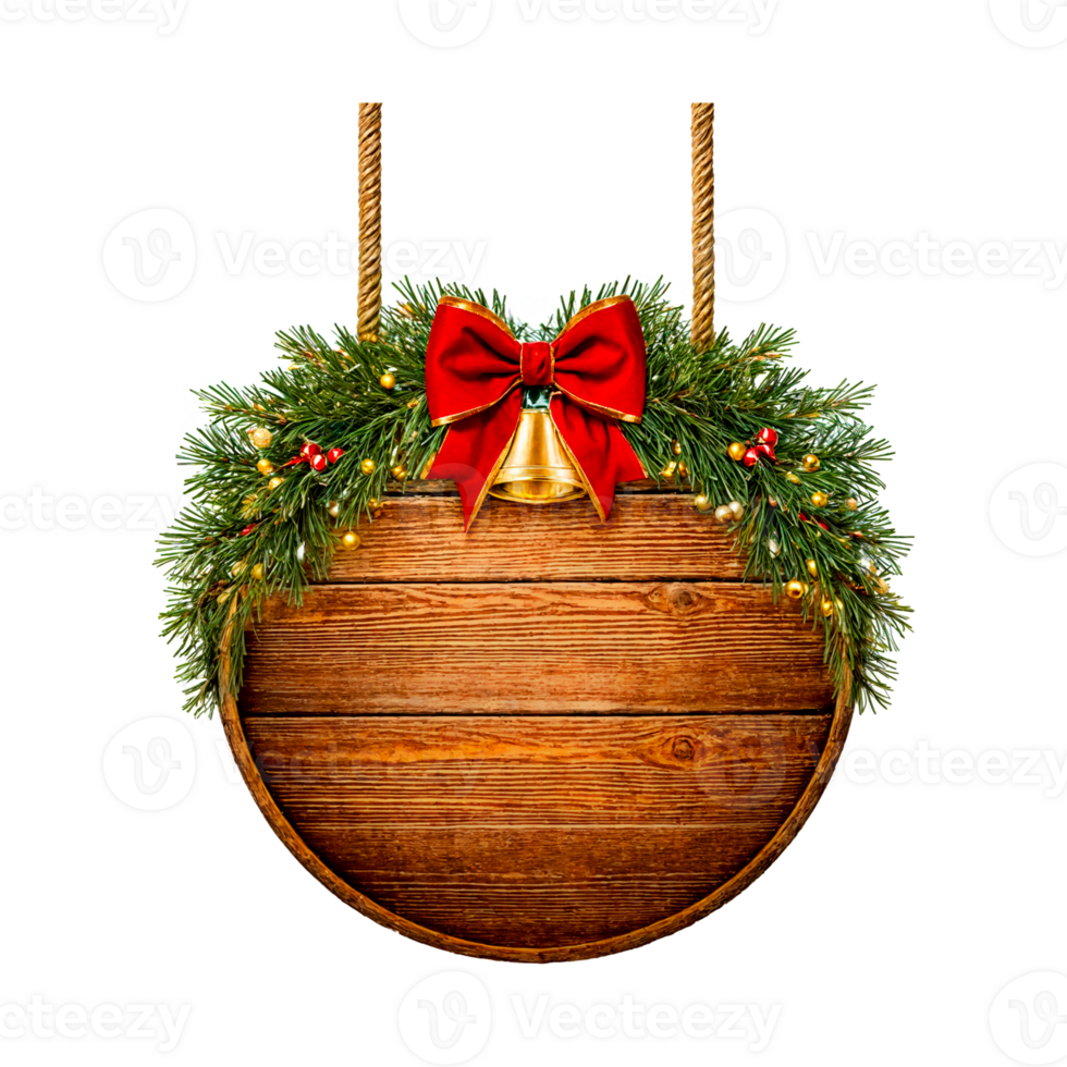 A wooden sign with a Christmas wreath isolated and transparent background png