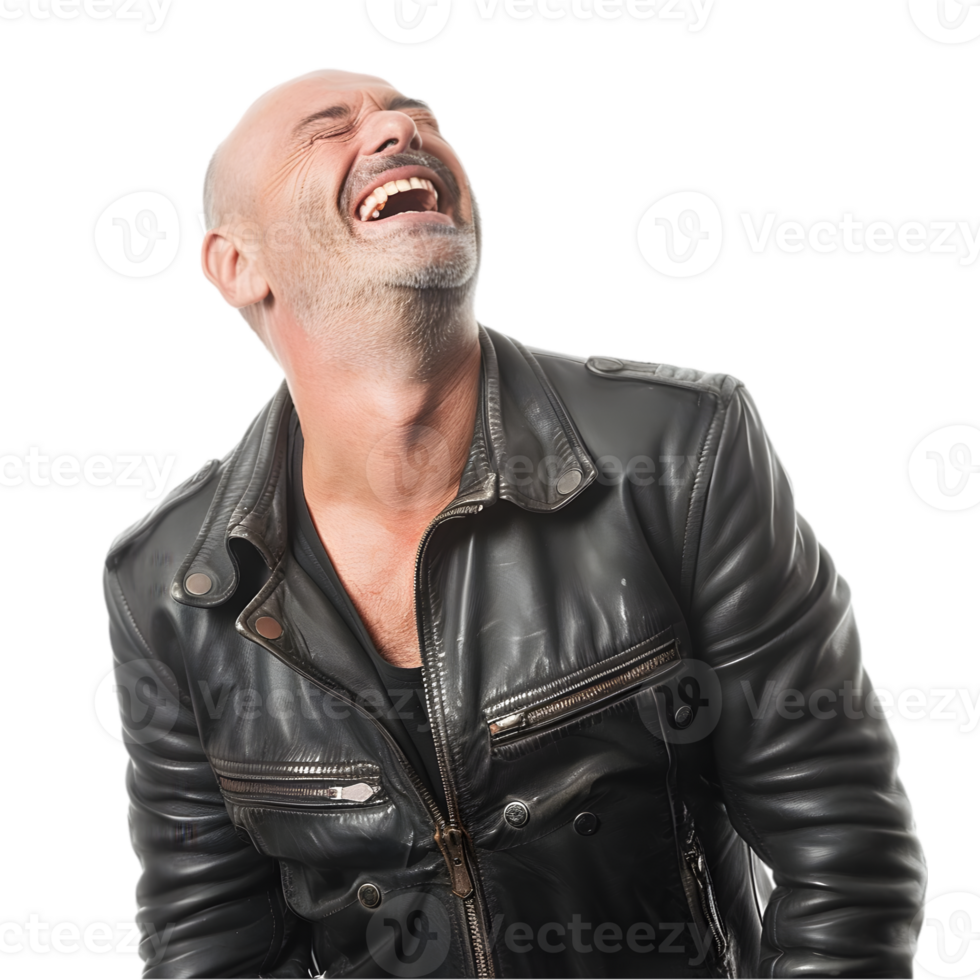 A bald man in a leather jacket laughing png