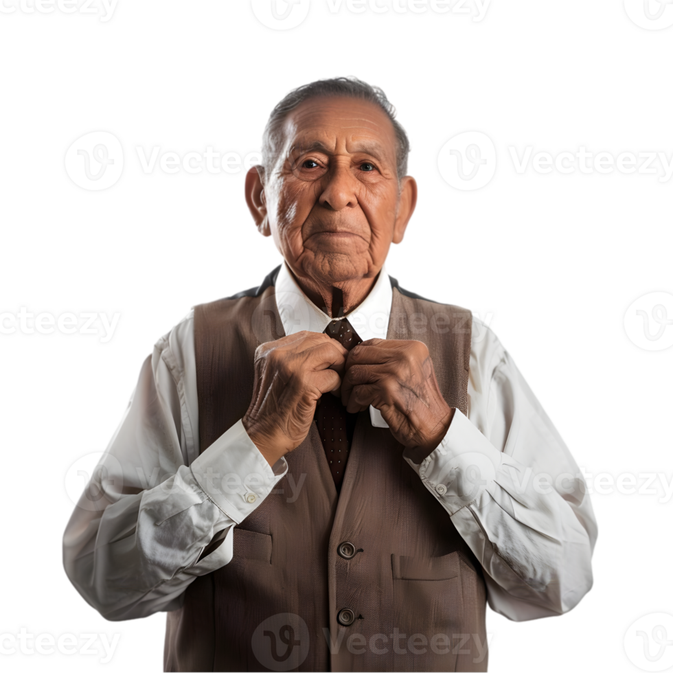 An older man in a vest and tie adjusting his tie png