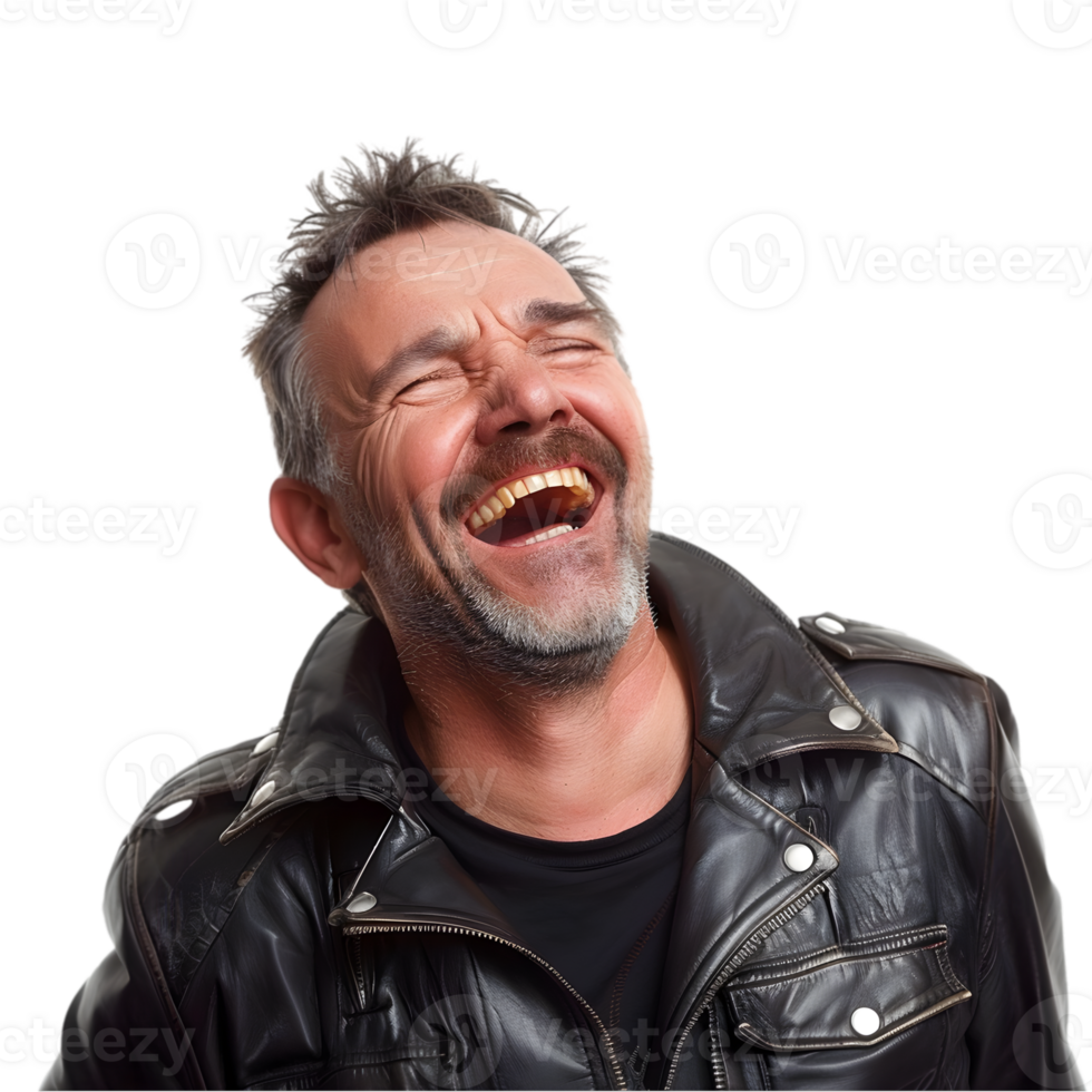A man laughing in a leather jacket png