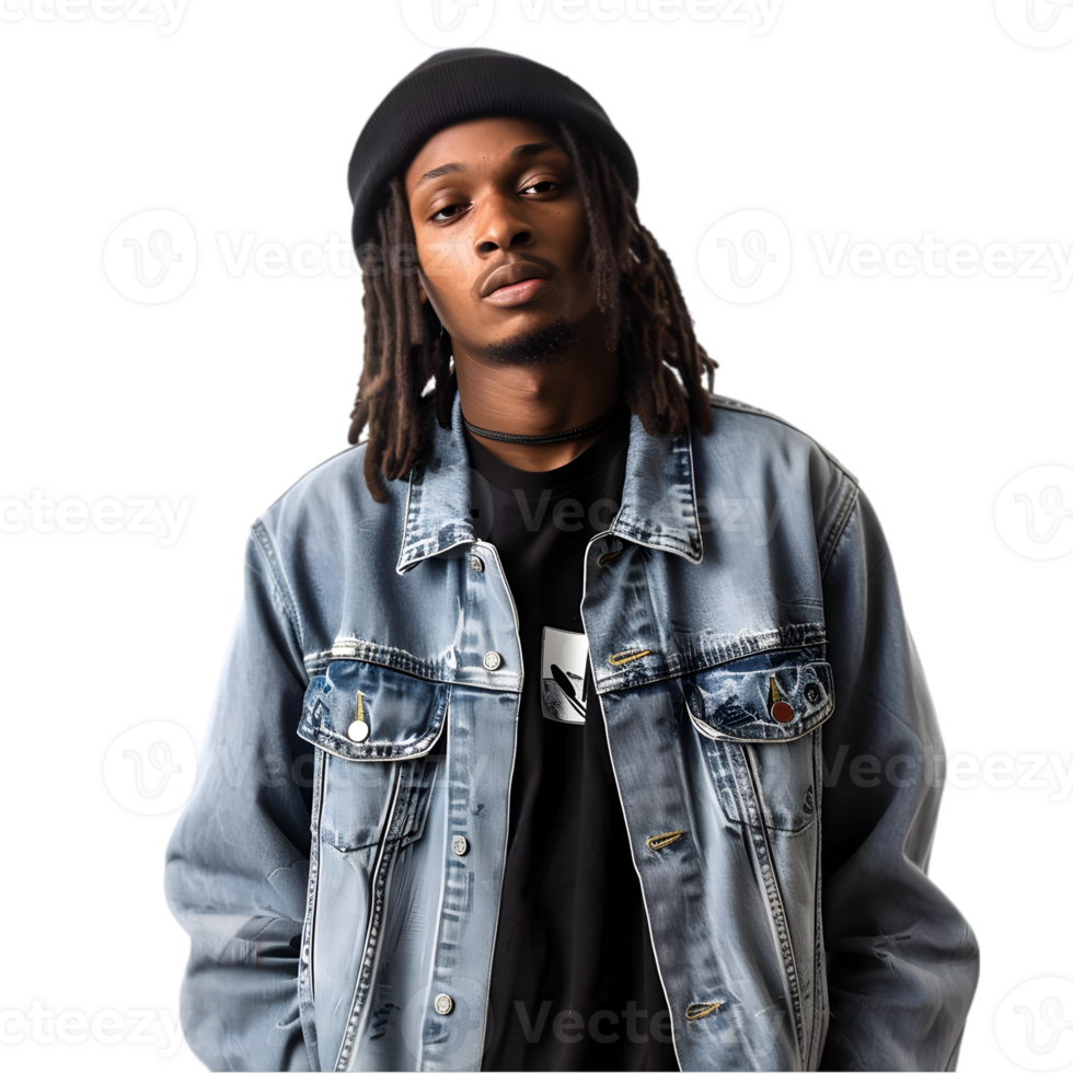 A man wearing a denim jacket and hat png