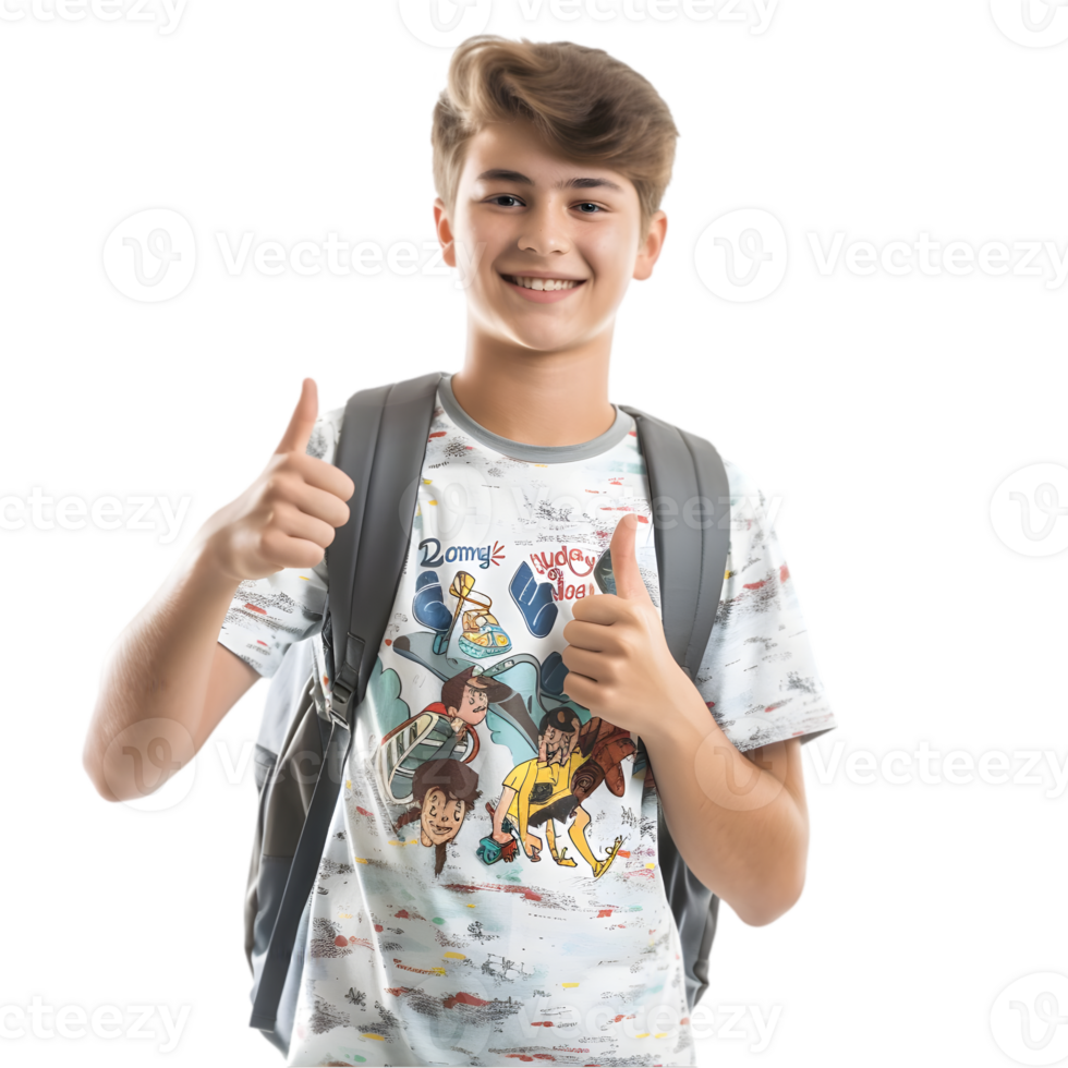 A boy with a backpack and a shirt that says the gang is all here png
