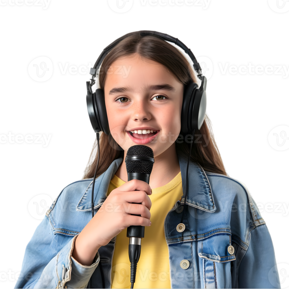 A young girl wearing headphones and holding a microphone png