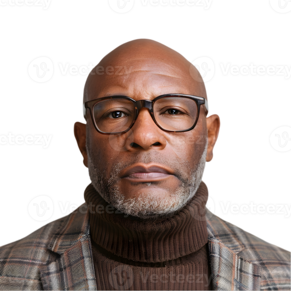A bald black man wearing glasses and a plaid jacket png
