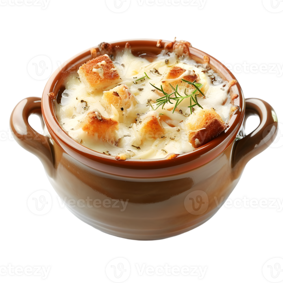 A bowl of soup with bread and cheese png