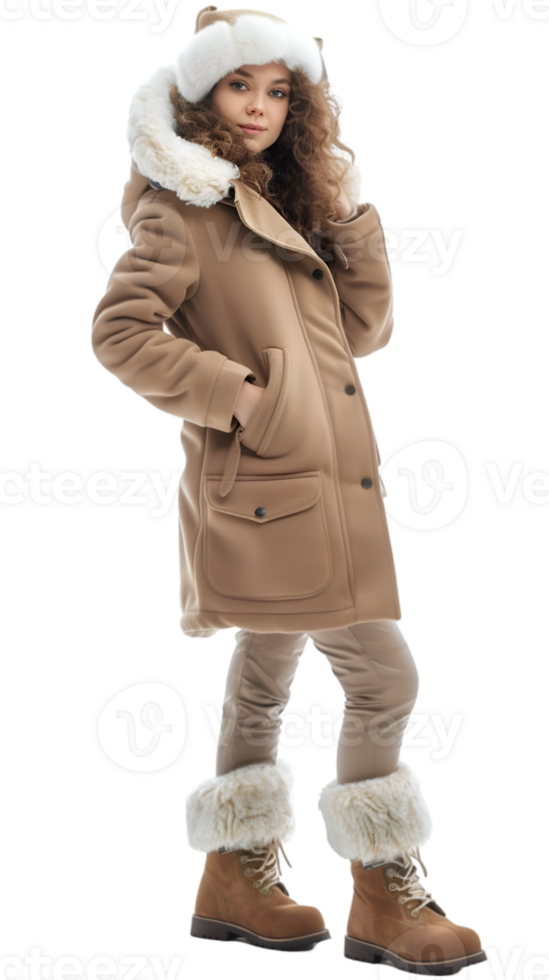 A girl in a camel coat and fur lined boots png