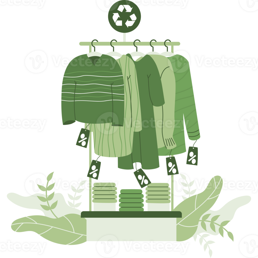 Eco friendly clothing shopping. Sustainable Fashion Eco-conscious attire on hangers. Sale png