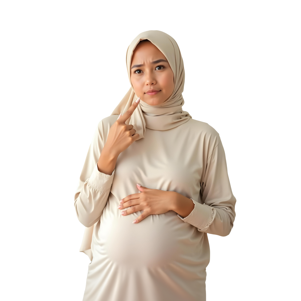 A pregnant woman dressed in a hijab, pointing with her finger, representing a significant thought or idea png