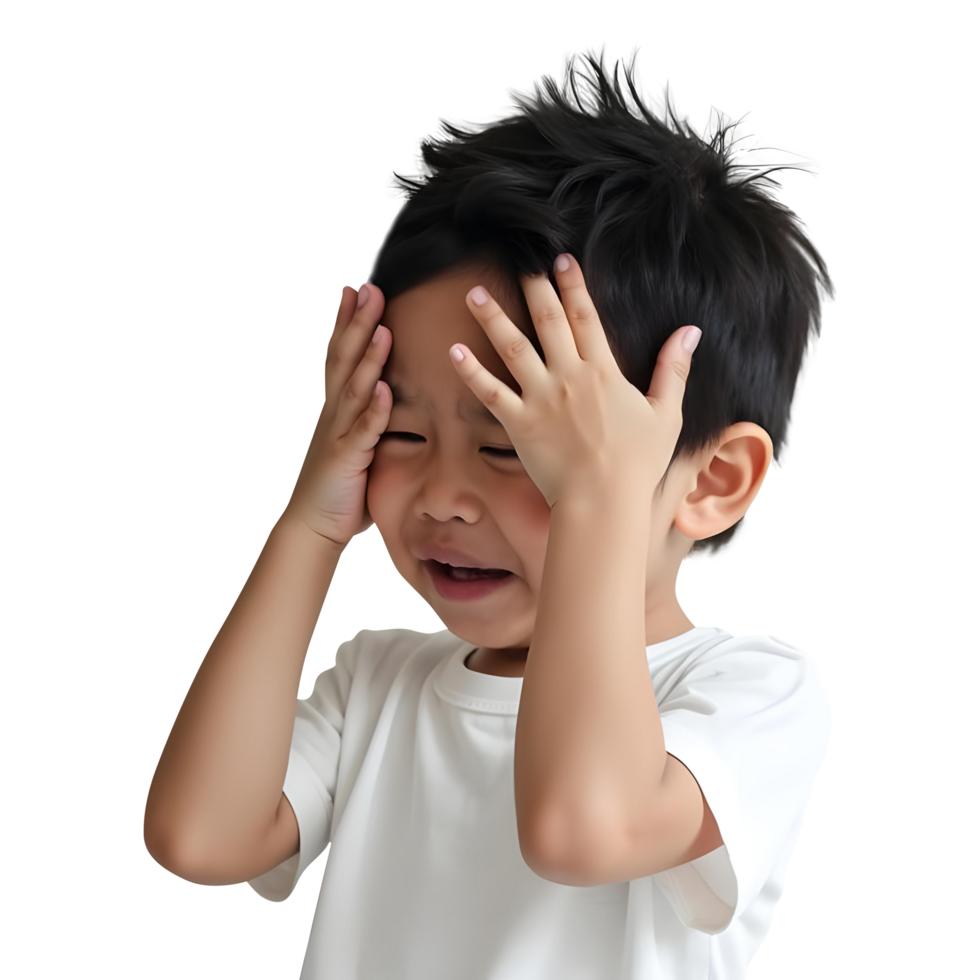 Young Boy Hides Face with Hands in Shy or Embarrassed Expression. Candid Moment Capturing Childhood Emotions and Innocence with Playful, Timid Gesture png
