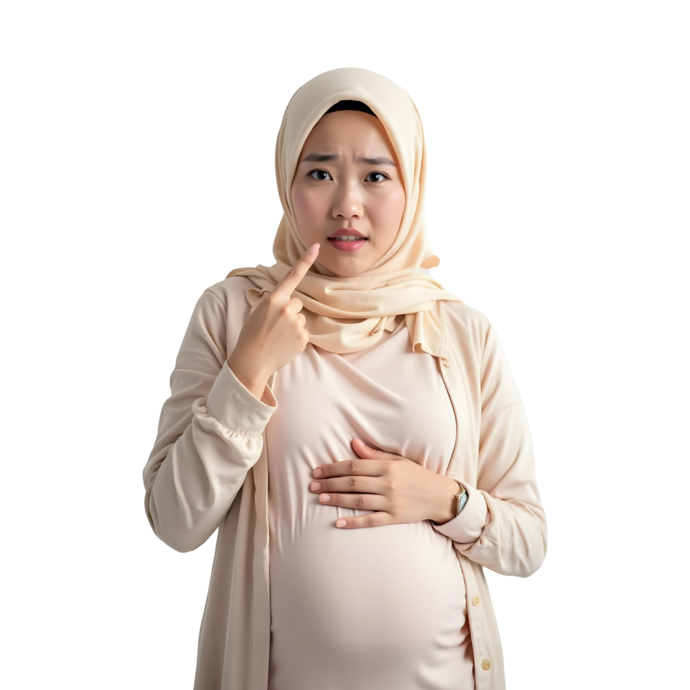 Pregnant Woman in Hijab with a Confused Expression, Resting Hand on Stomach. Representing Pregnancy Concerns, Health Awareness, and Maternity Emotions png