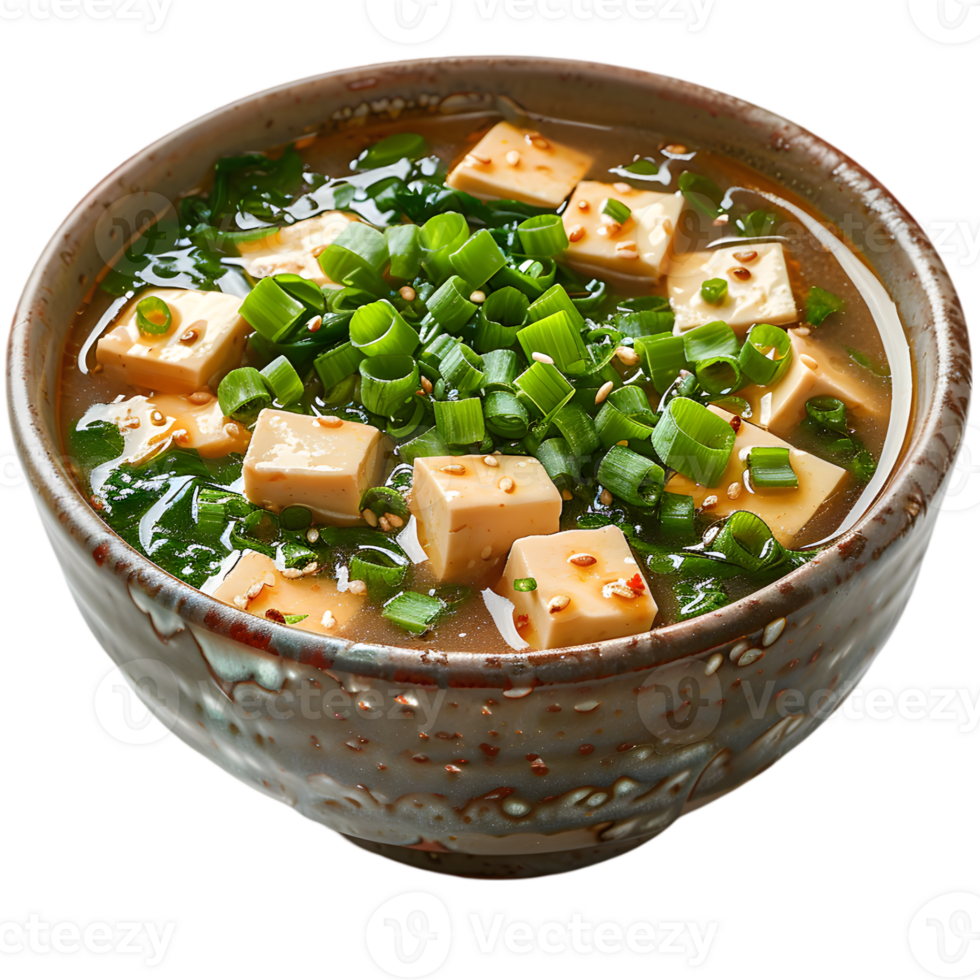 A bowl of soup with tofu and green onions png
