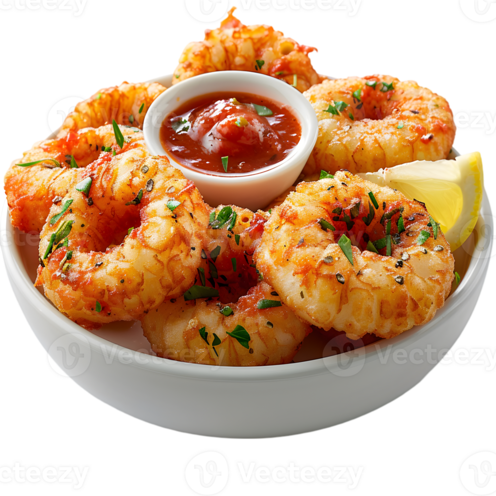 A bowl of shrimp with a dipping sauce png