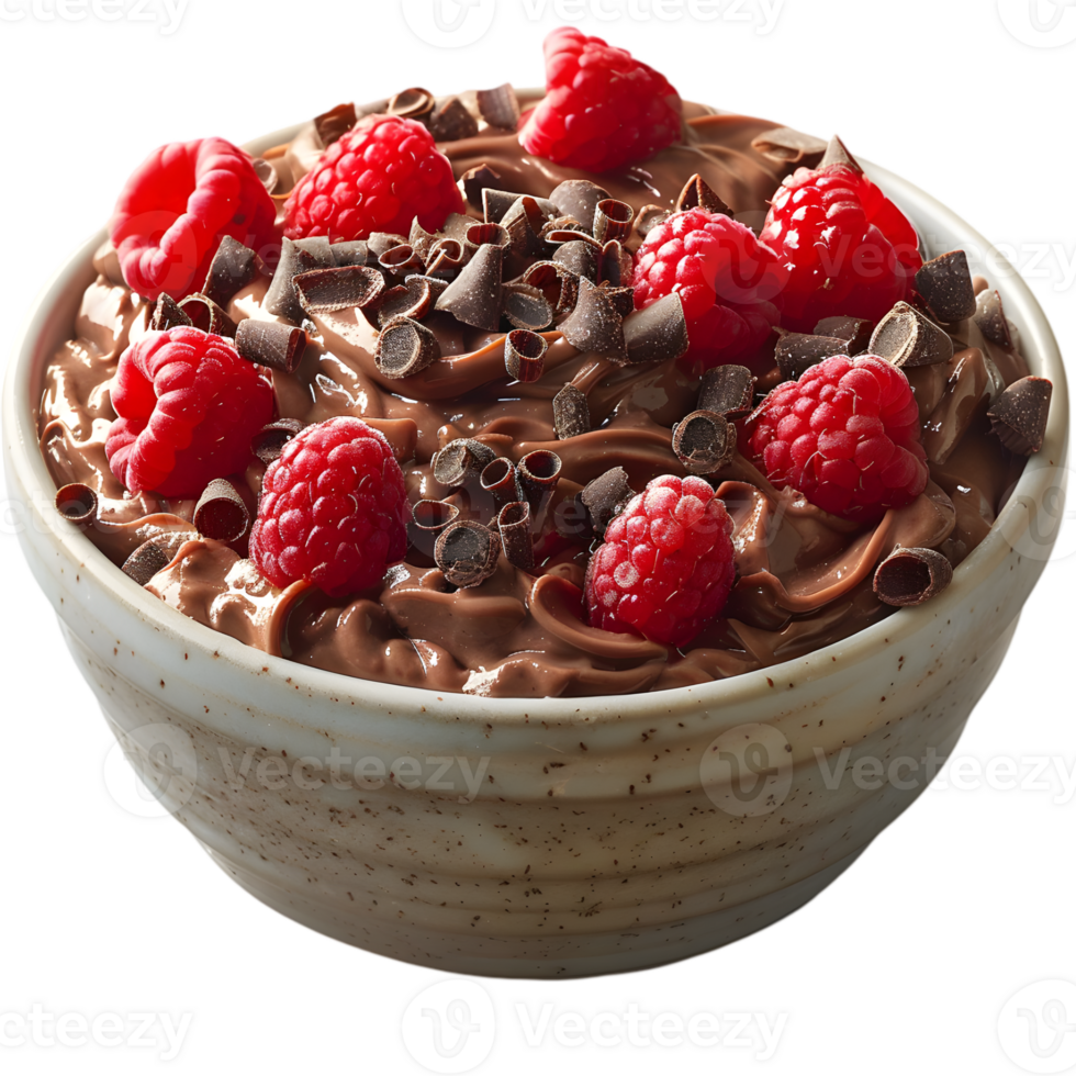 A bowl of chocolate pudding with raspberries png