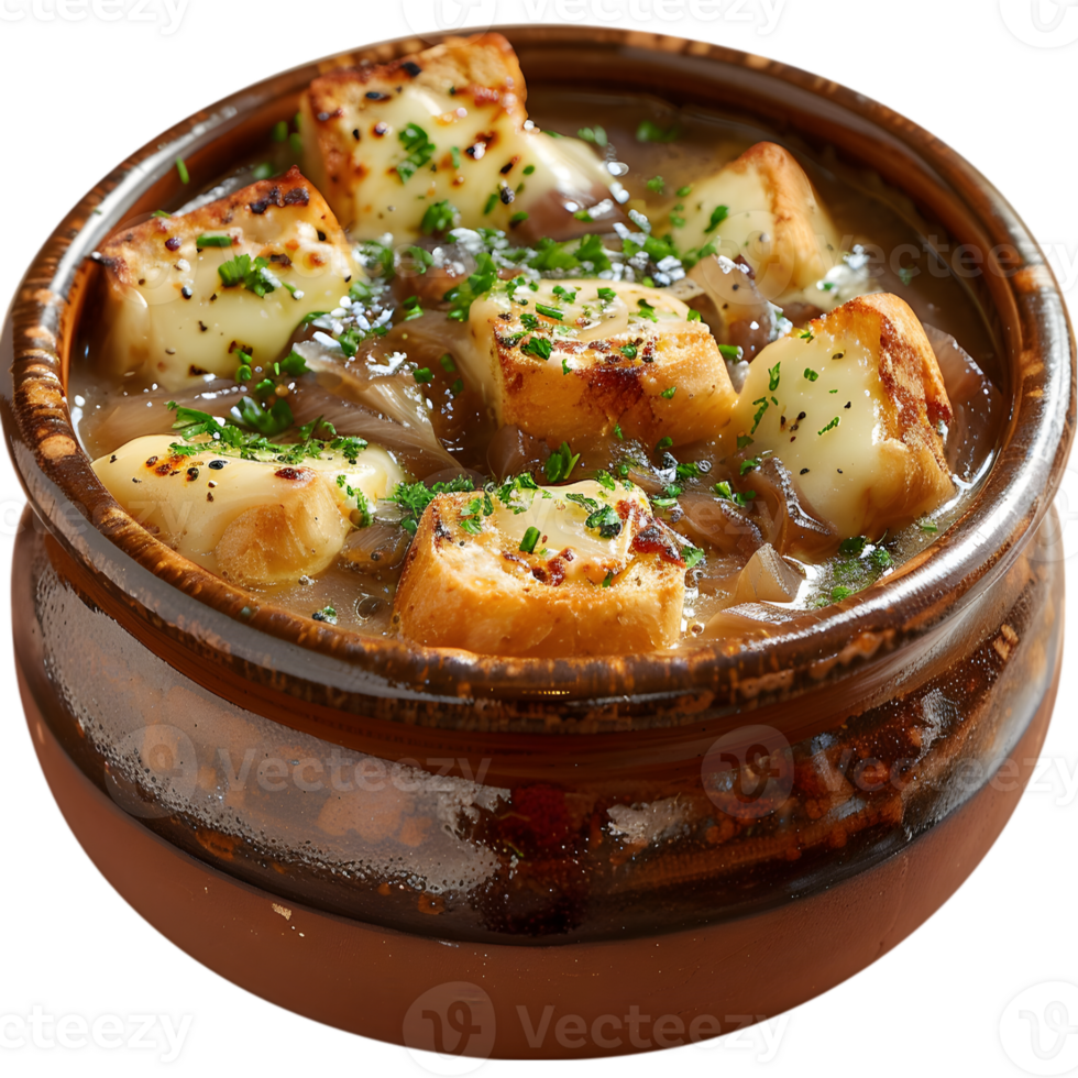 A bowl of soup with bread and cheese png