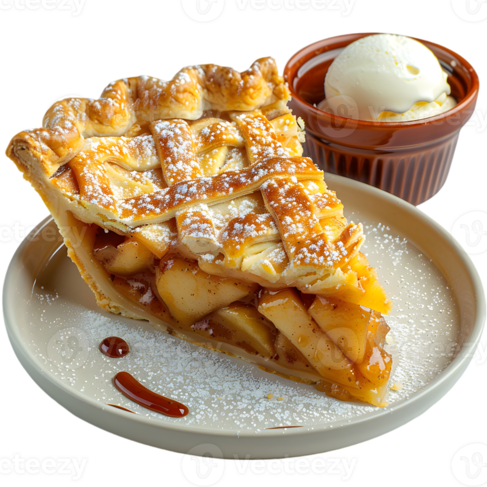 A slice of pie on a plate with a scoop of ice cream png
