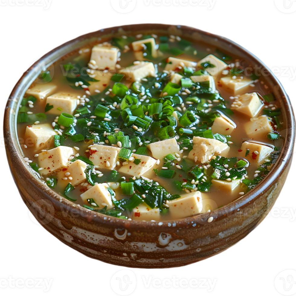 A bowl of soup with tofu and green onions png