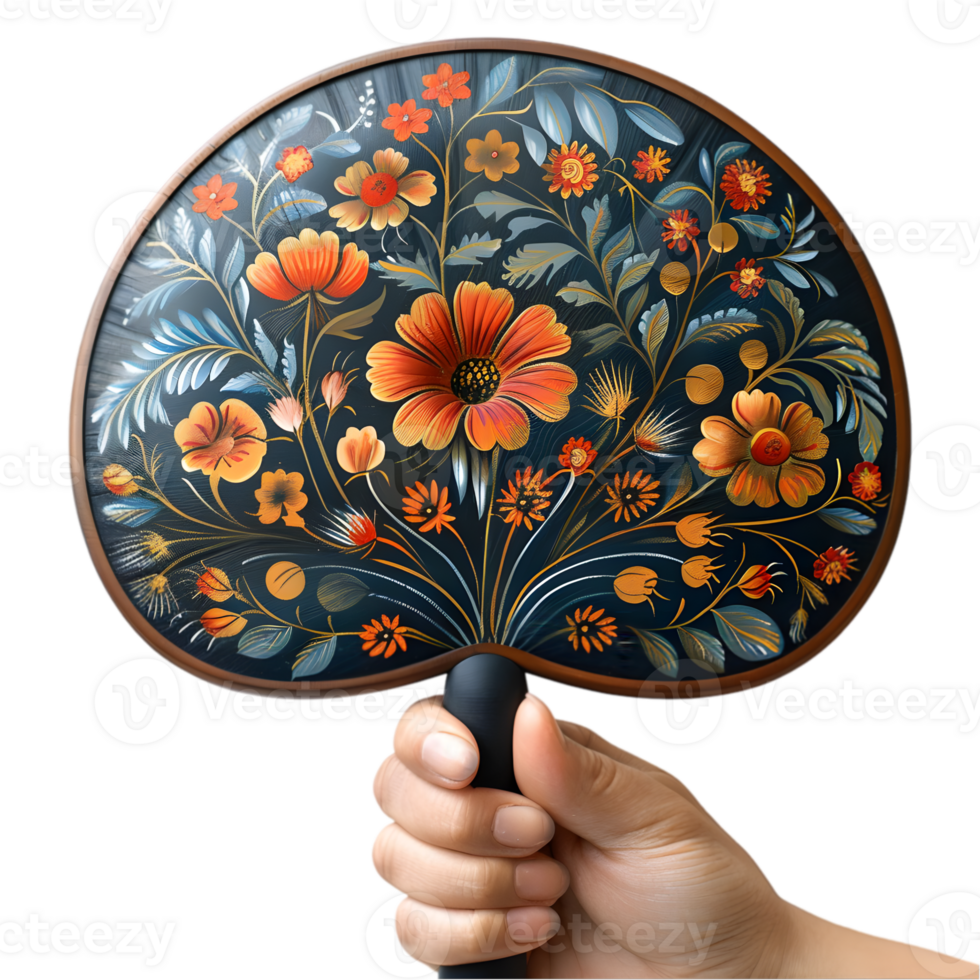 A hand holding a fan with a floral design png
