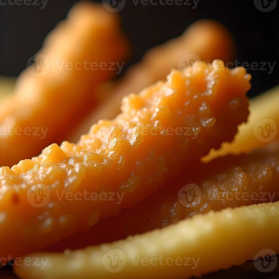 Macro close-up of fried chicken and fries photo
