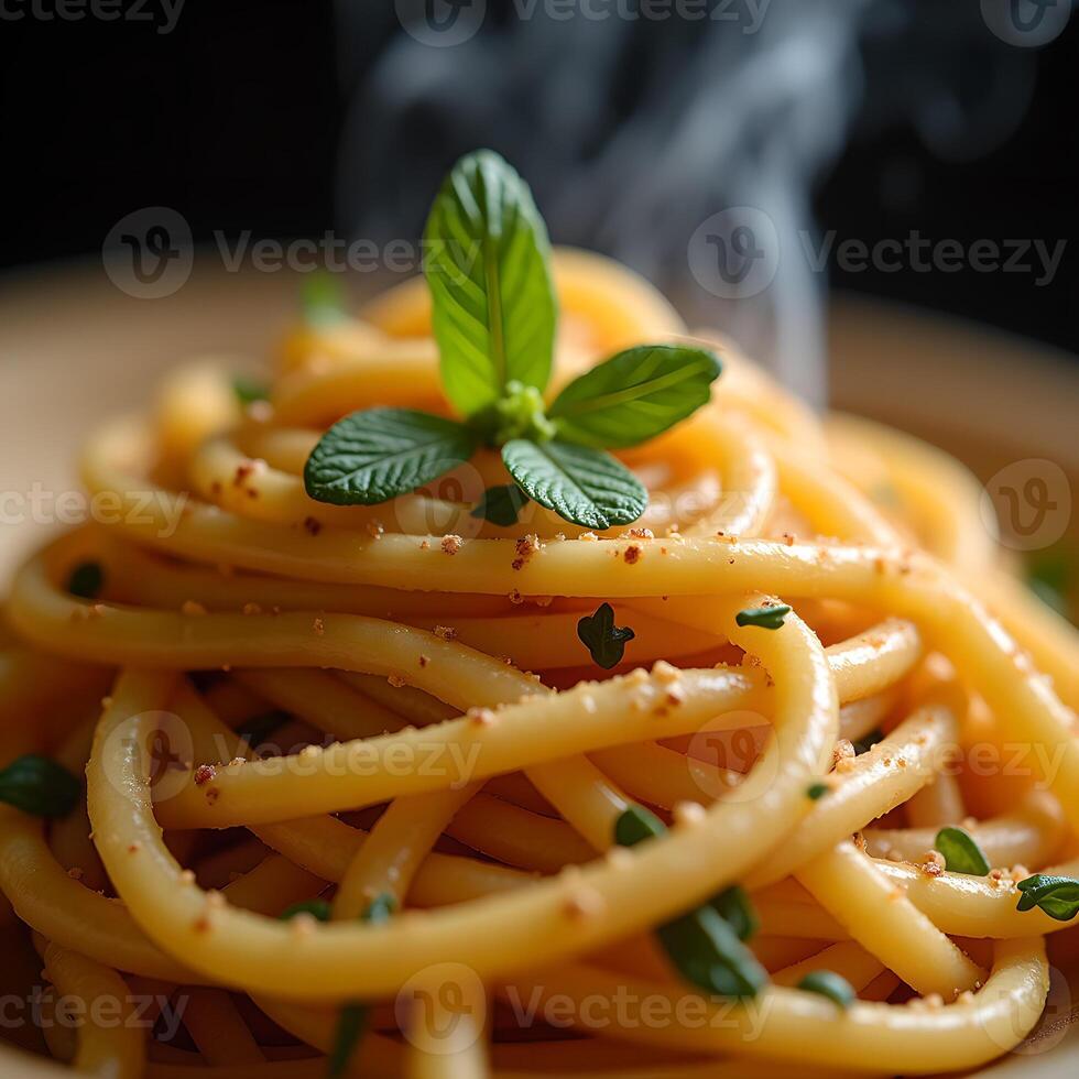 A close-up photograph of a dish of garlic pasta photo