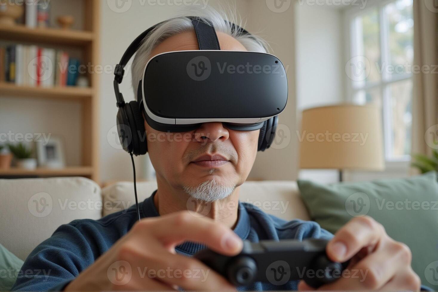 Elderly people play games by wearing VR glasses, which can stimulate brain activity and help prevent aging. photo