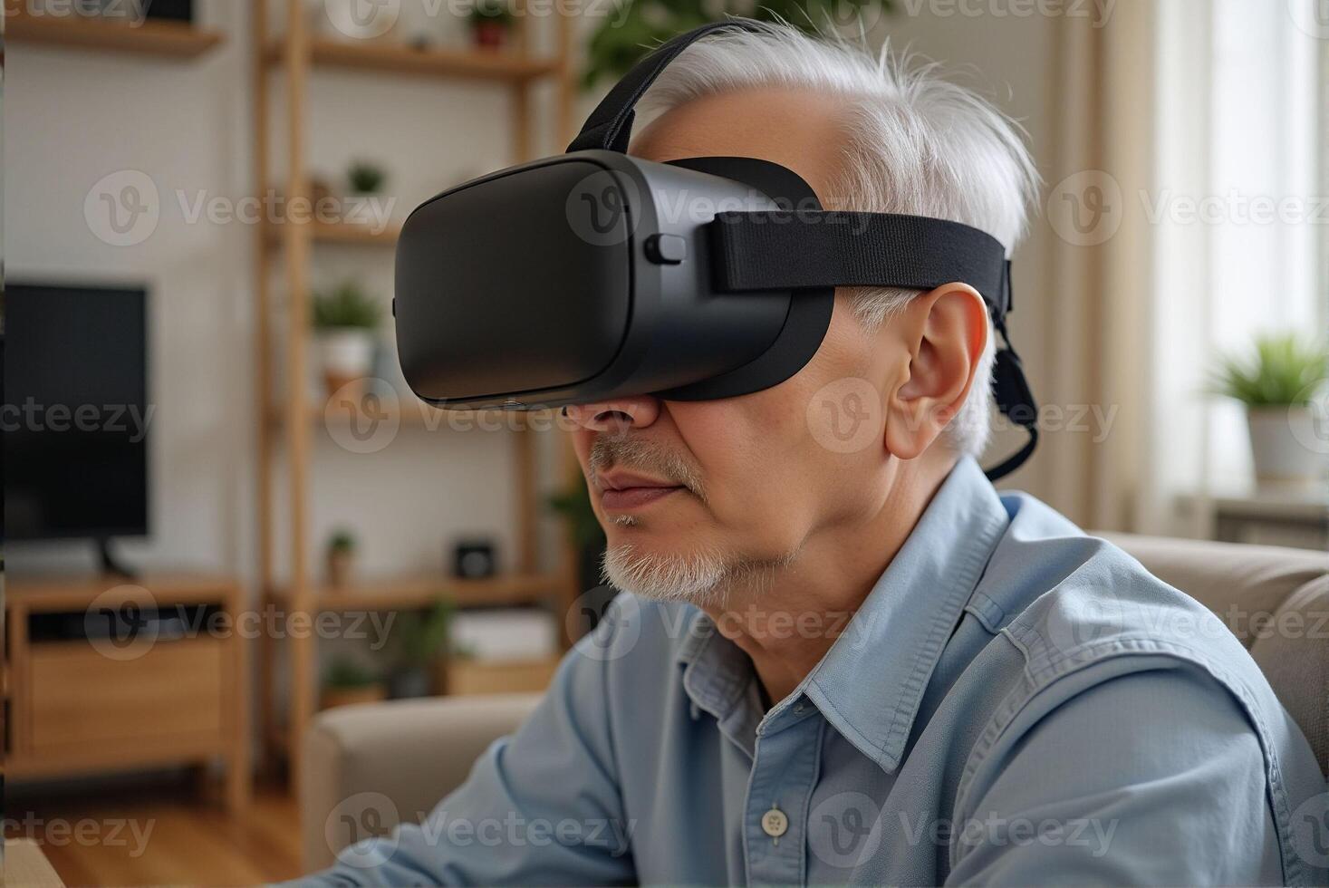 Elderly people play games by wearing VR glasses, which can stimulate brain activity and help prevent aging. photo