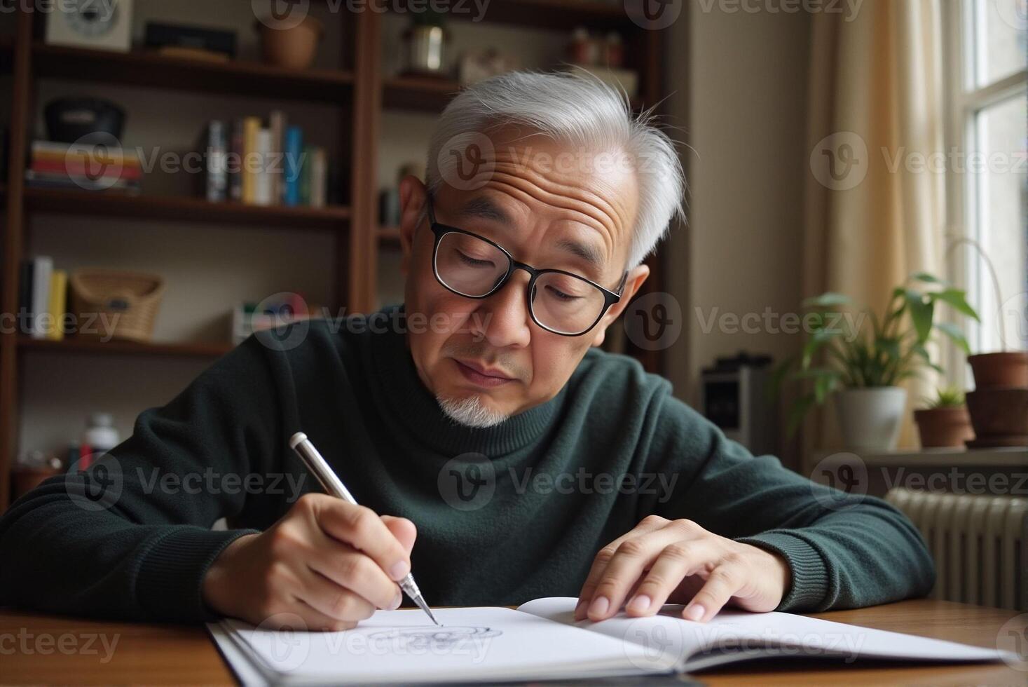 An old man with dementia draws and writes randomly on paper. photo