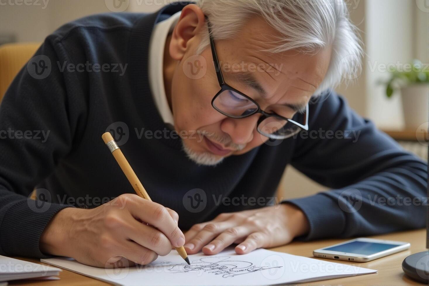 An old man is writing and drawing on the desk photo