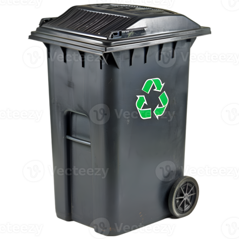 A black trash can with a green recycling symbol on it png