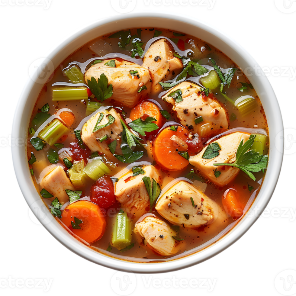 A bowl of chicken and vegetable soup with a spoon png