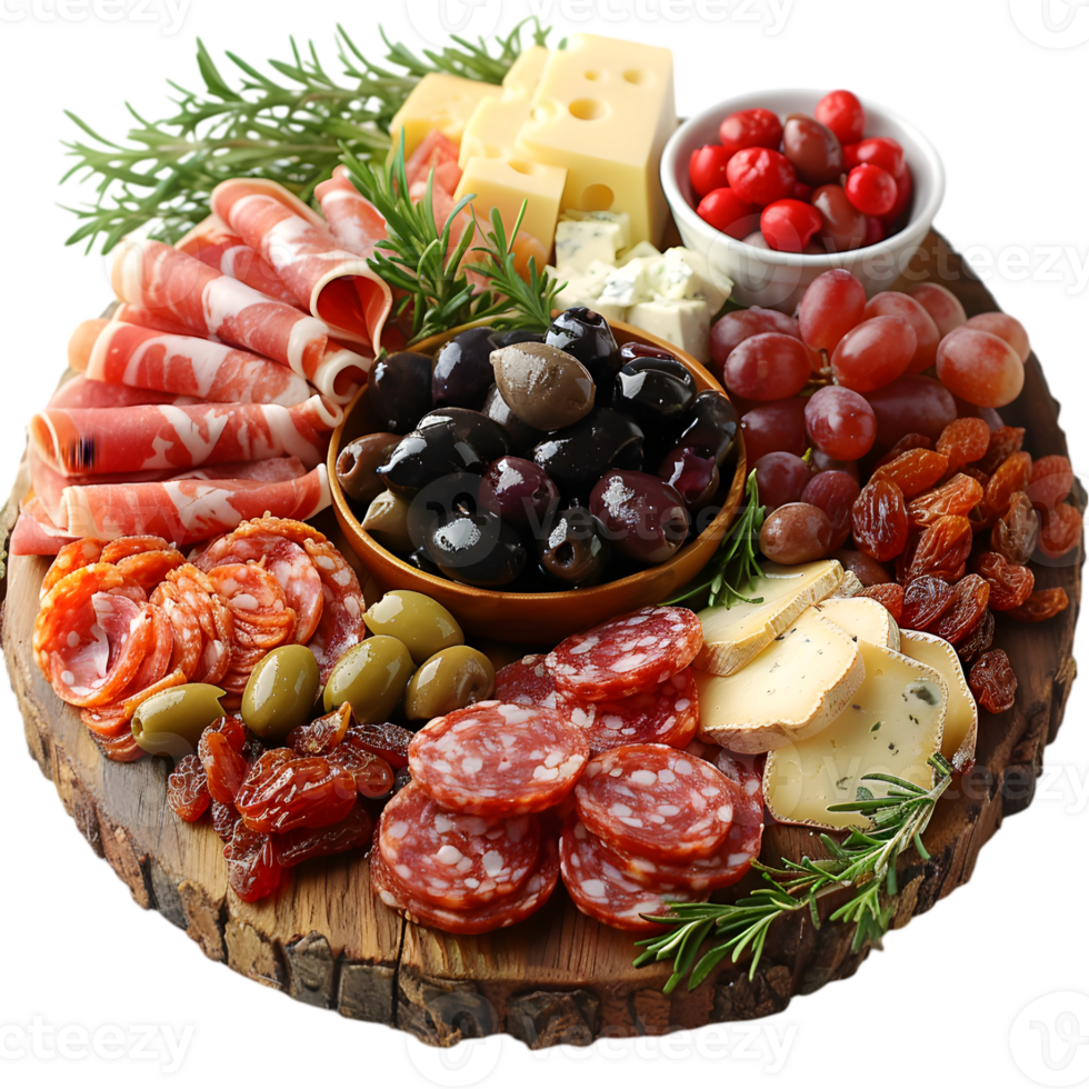 A platter of meat, cheese, olives and other foods png