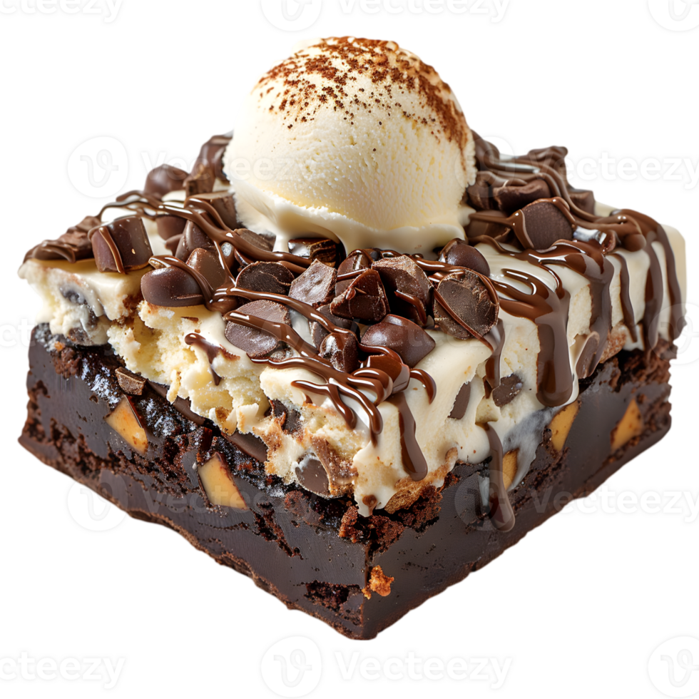 A brownie with ice cream and chocolate sauce png