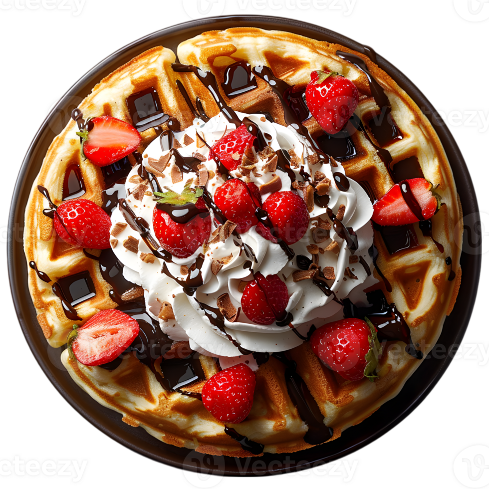 A waffle with whipped cream and strawberries png