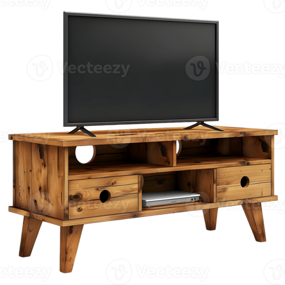 A wooden tv stand with a flat screen png