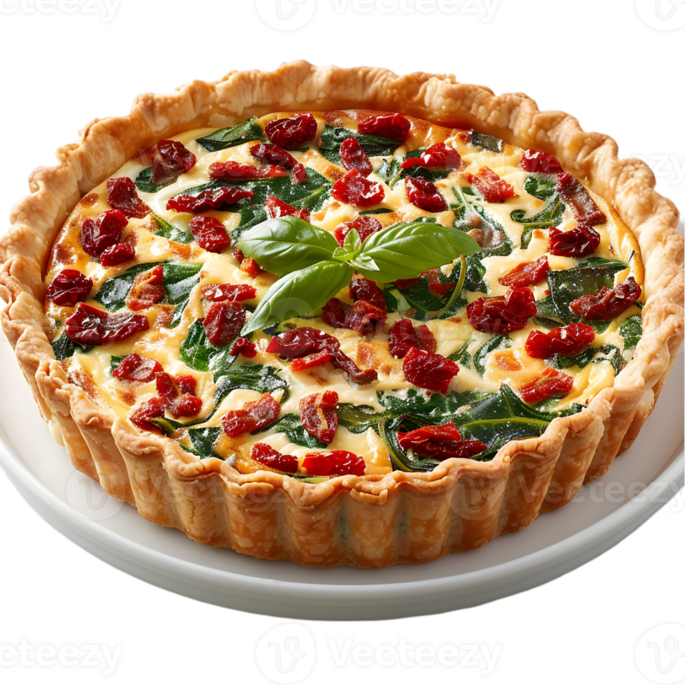 A quiche with spinach and cheese on a plate png