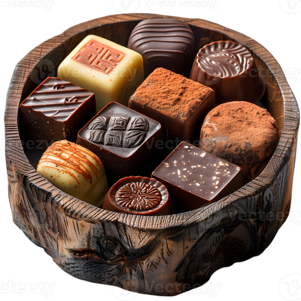A wooden bowl filled with assorted chocolates png