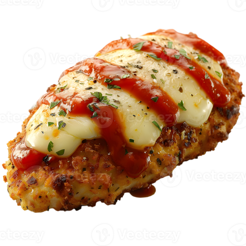 A chicken breast covered in sauce and cheese png