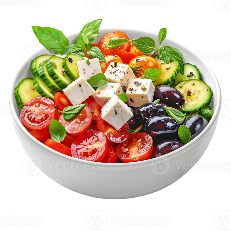 A bowl of salad with cucumbers, tomatoes, and feta cheese png
