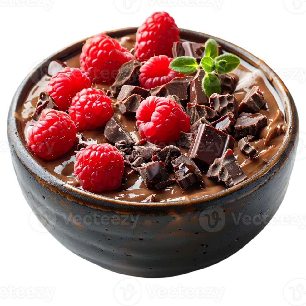 A bowl of chocolate pudding with raspberries and chocolate chips png