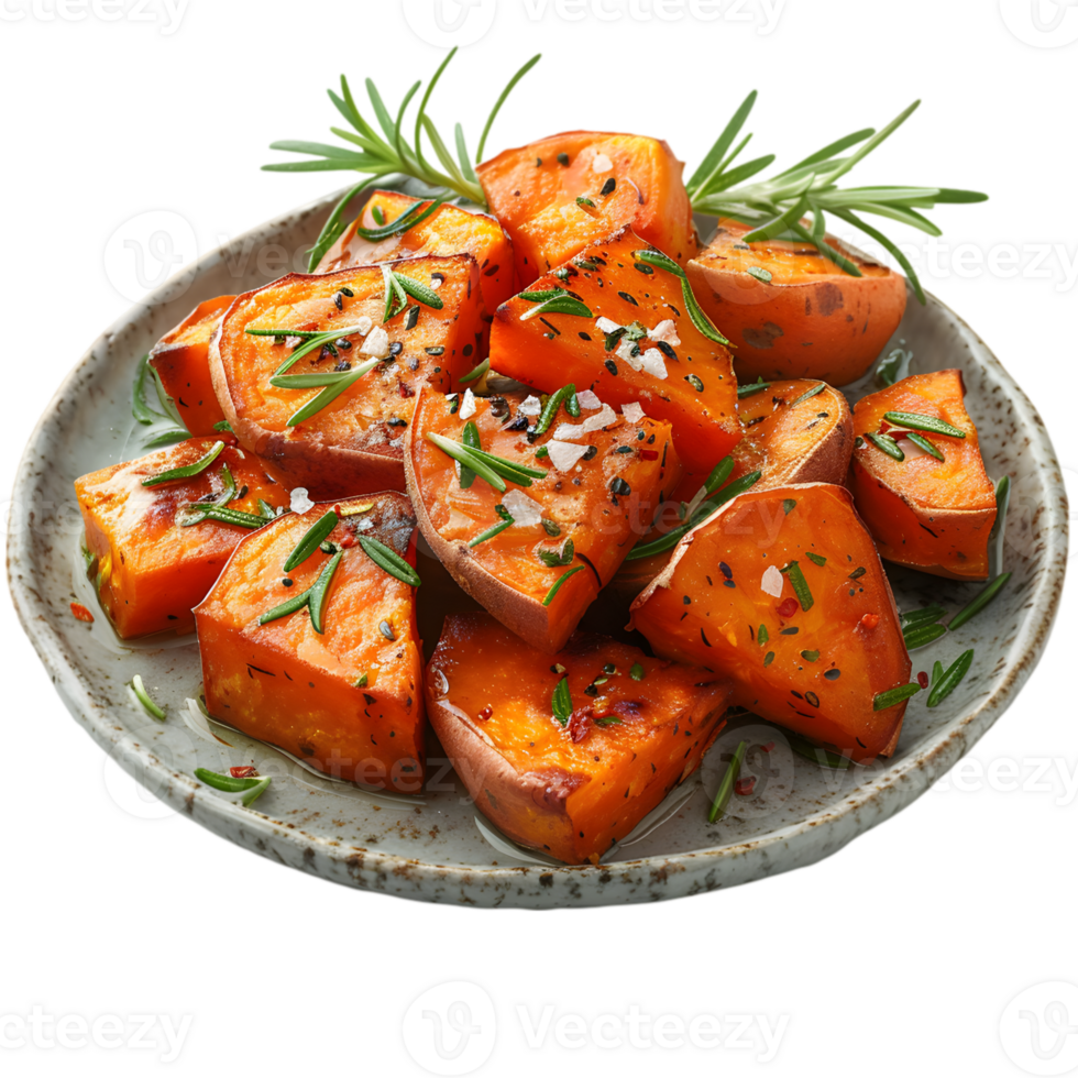 A plate of sliced sweet potatoes with rosemary png