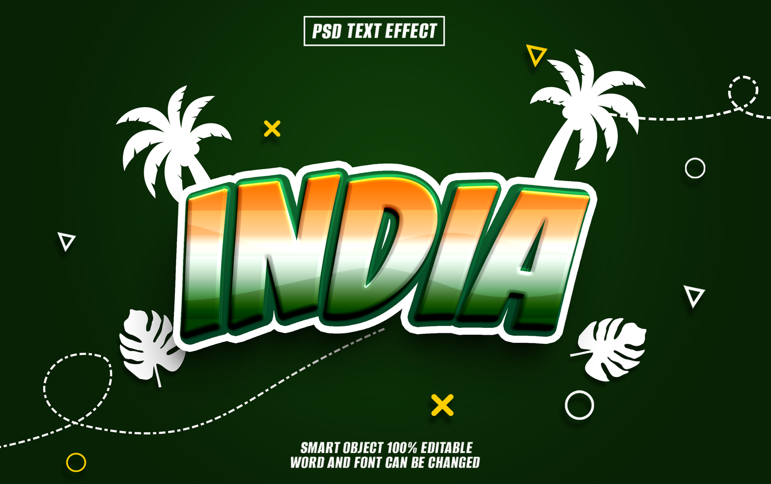 3D Text Effect of the word India in the colors of the Indian flag with palm trees and leaves on a green background. psd
