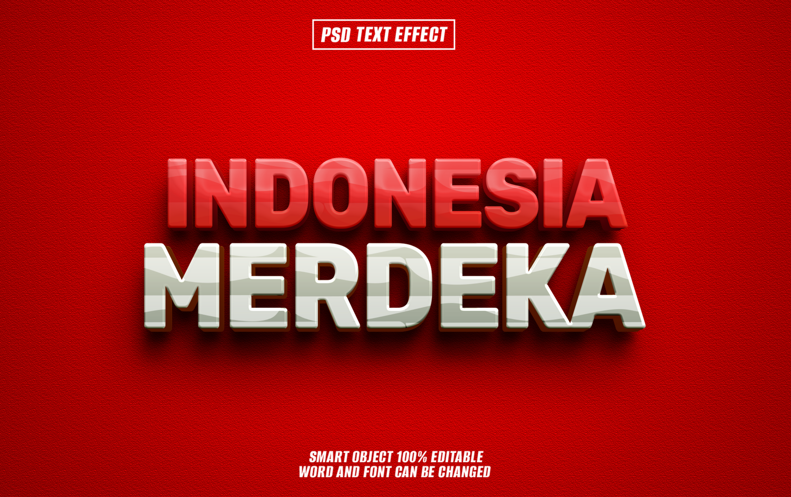 3D text effect of Indonesia Merdeka in red, white, and silver letters on a red background. psd
