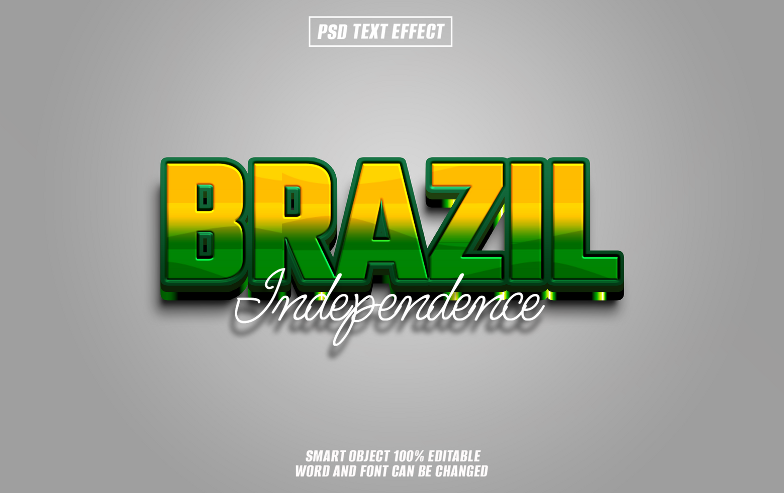 Brazil Independence 3D text effect design in green and yellow with Brazil Independence written in white text. psd