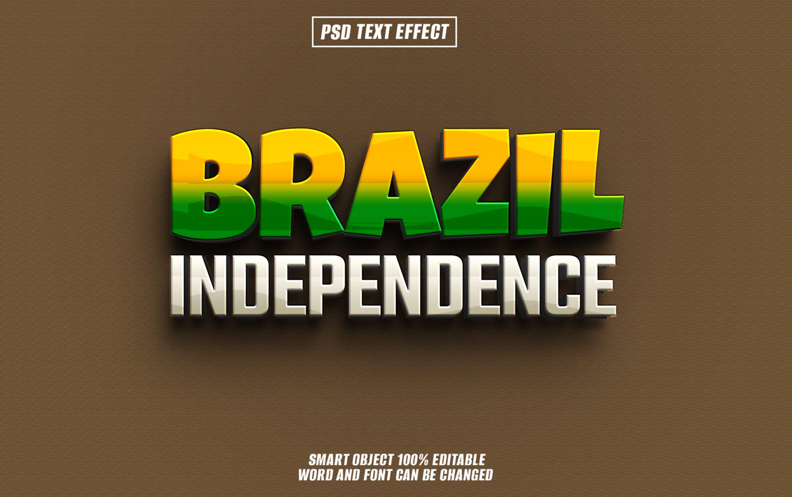 Brazil Independence 3D text effect with the words in green, yellow, and white colors against a brown background. psd