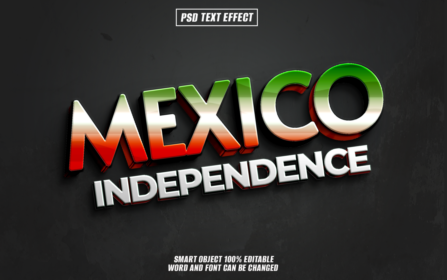 3D text effect Mexico Independence in bold letters with the Mexican flag colors on a dark gray background. psd