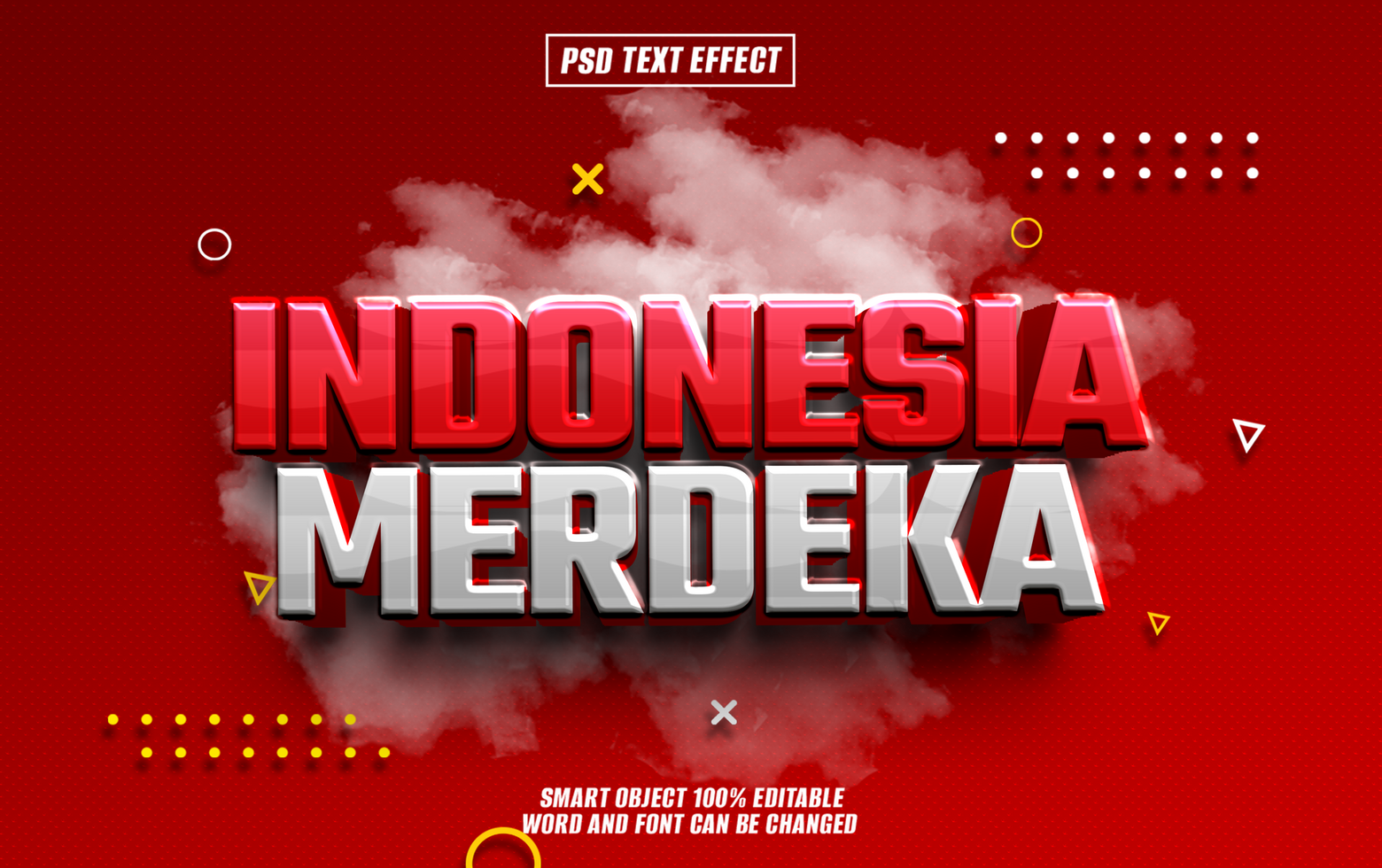 3D text effect with Indonesia Merdeka written in bold red and white letters on a red background with a white cloud. psd