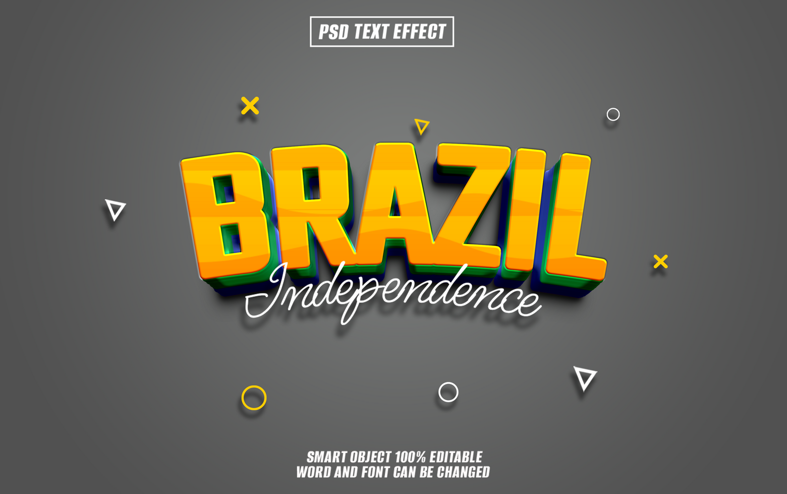 3D text effect for the word Brazil Independence. The text is in yellow, green, and blue with a white outline. psd