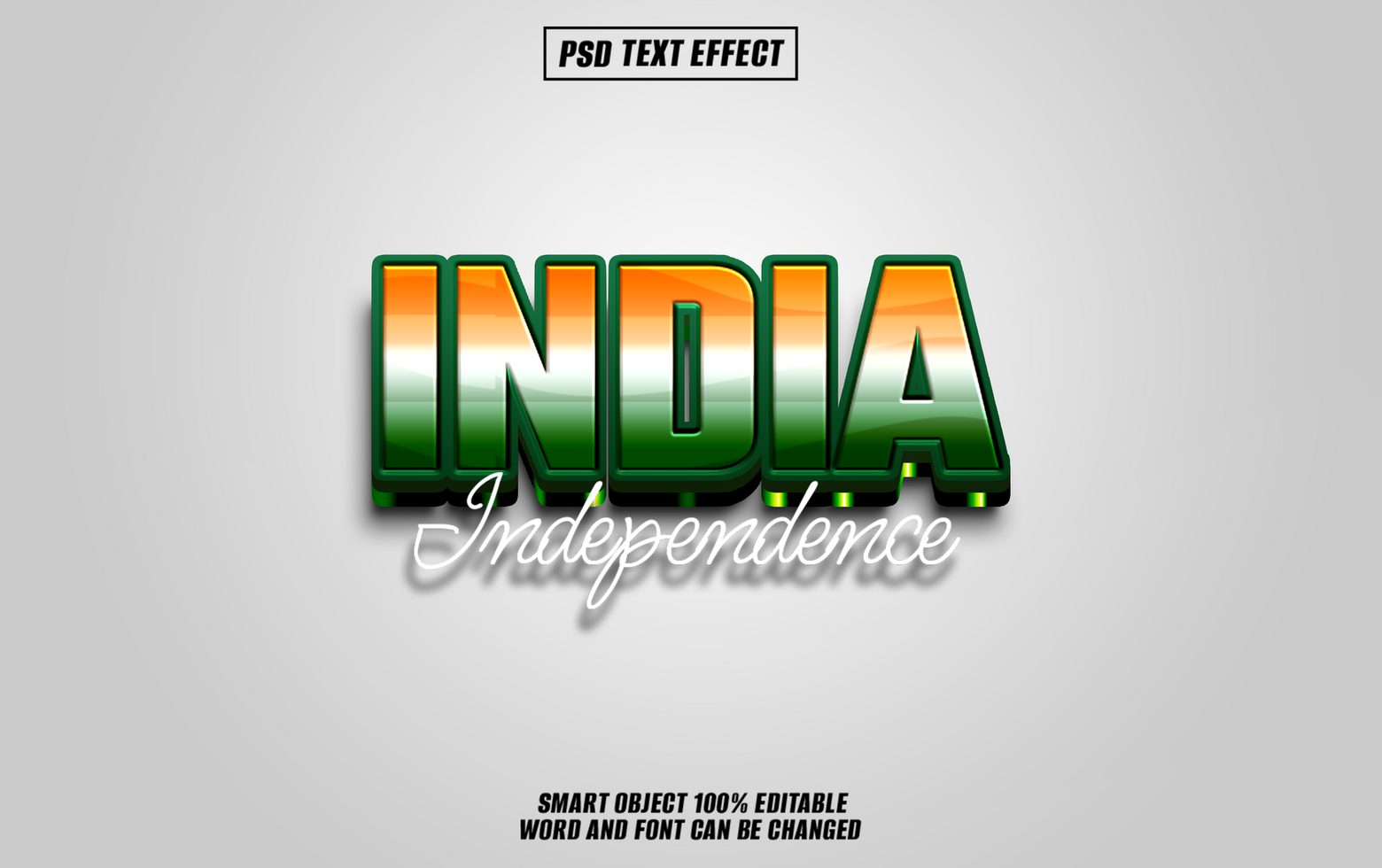 A 3D text effect design of India Independence with the Indian flag colors. psd