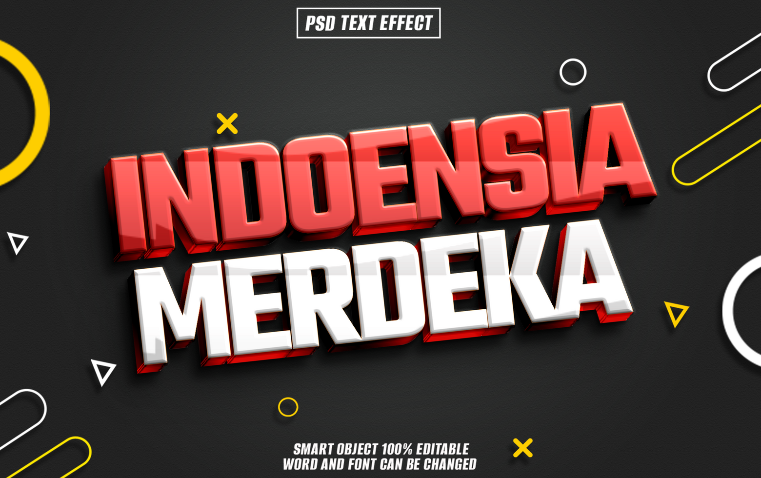 3D text effect of Indonesia Merdeka in red and white with a dark gray background and colorful geometric shapes. psd
