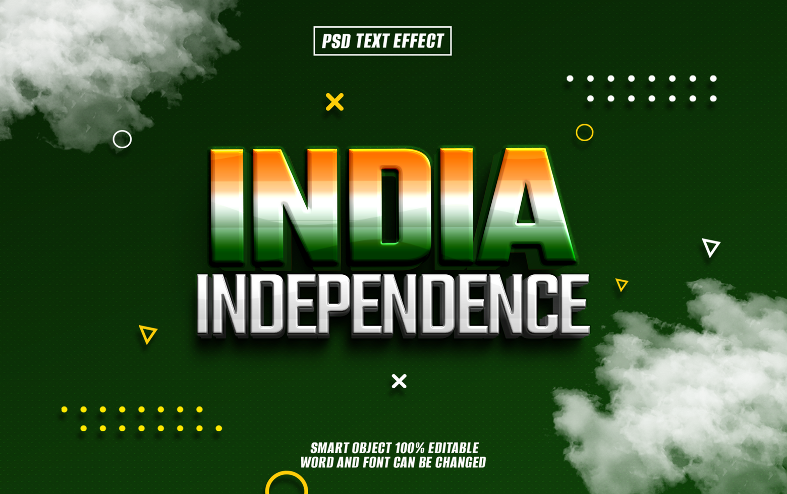 A 3D text effect India Independence in bold, white, and outlined in the colors of the Indian flag. psd