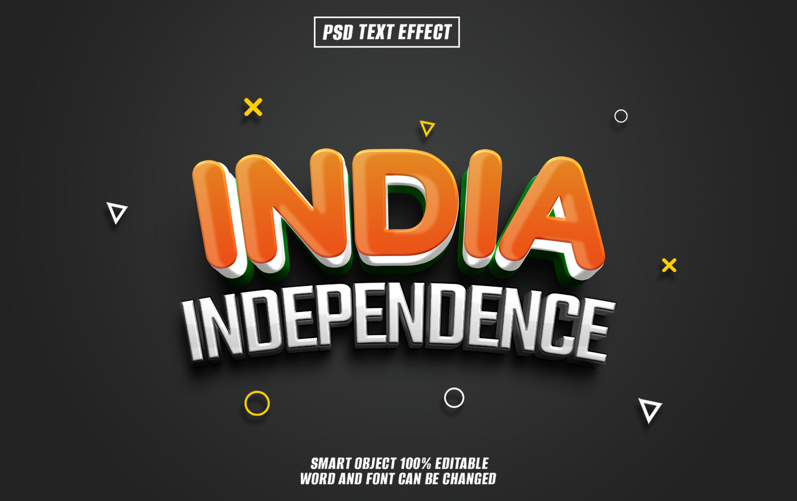 3D text effect design with India Independence on a black background. psd